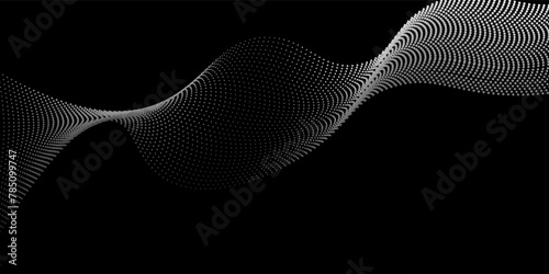 Flowing dot particles light wave pattern halftone blue and green gradient smooth curve shape isolated on black background. Vector in concept of technology, science, music, modern arts abstract