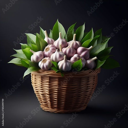 A basket of garlic on black surface with dark background photo