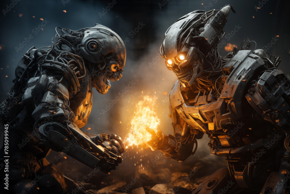 Fototapeta premium Humanoid robots are fighting each other.