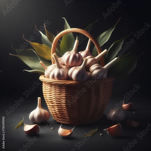 Basket of garlic on black surface with dark background photo