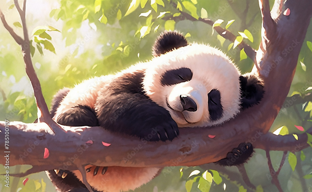 Obraz premium a panda bear sleeping on a tree branch with leaves on it's branches and a green background with leaves