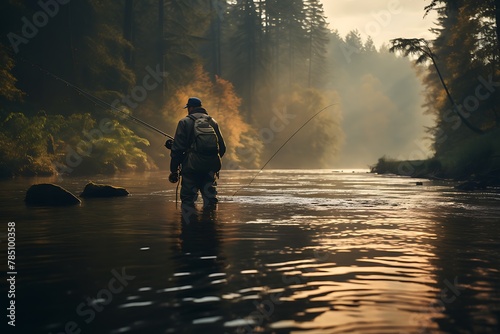 Fisherman with a freshly caught trout on a river bank.