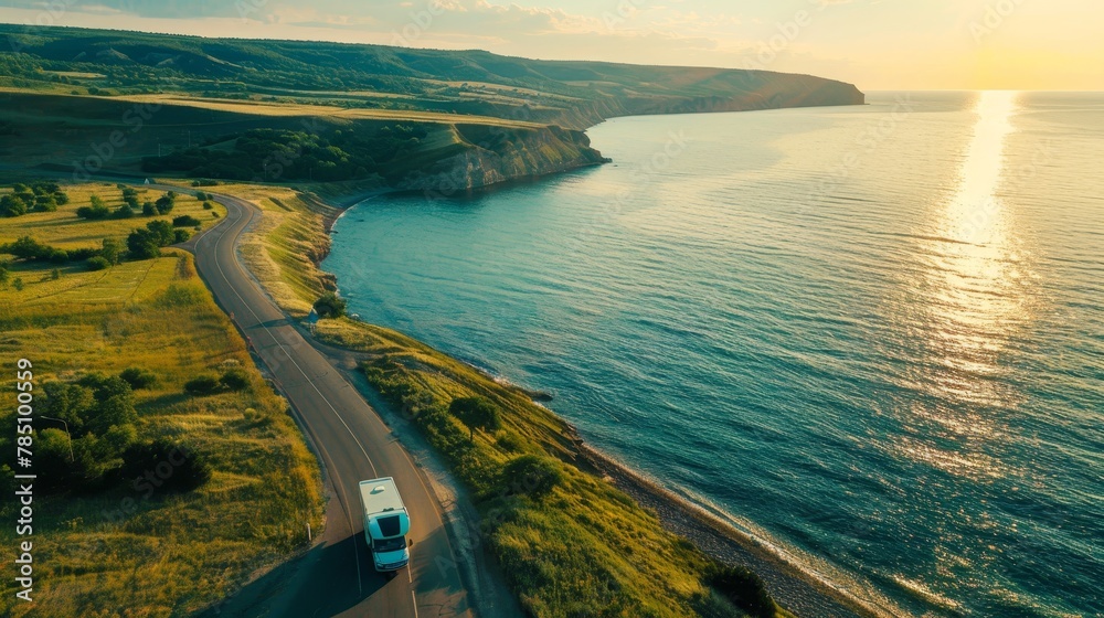 Motorhome driving along scenic coastal road, aerial view in summer vacation travel concept