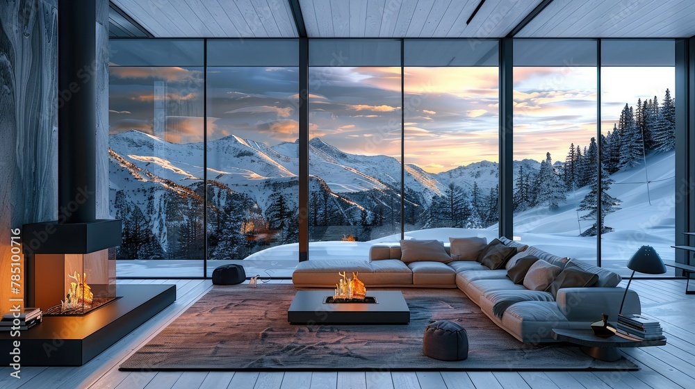 Fototapeta premium Modern living room with fireplace and panoramic windows overlooking snowy mountains at sunset. Generative AI.