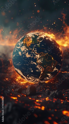 Earths globe engulfed in flames, glowing embers scattered across the surface, symbolizing the destructive impact of global warming
