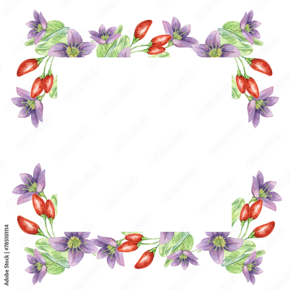 Red goji berries, lilac flowers and green leaves square frame design. Hand-drawn watercolor illustration for DIY printing, greeting card making, quote, gift tag, label, postcard, flyer template Red goji berries, lilac flowers and green leaves square frame design. Hand-drawn watercolor illustration for DIY printing, greeting card making, quote, gift tag, label, postcard, flyer template