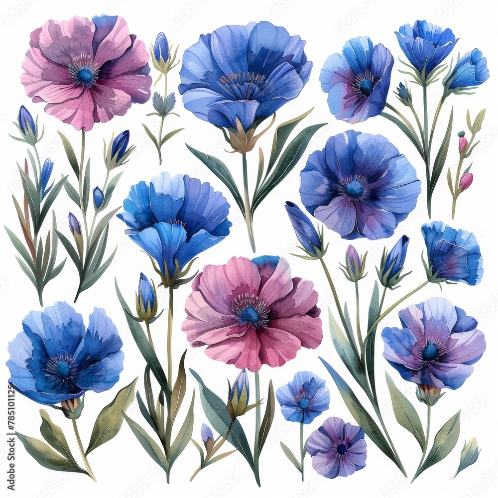 Pink and blue flowers, cornflowers, and plants, watercolor illustration isolated on white.