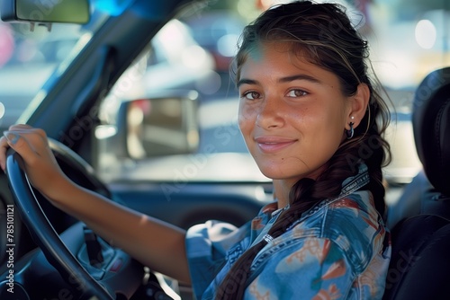 Beautiful, confident teen women the wheel of her car. Portrait of smiling female siting behind steering wheel inside car