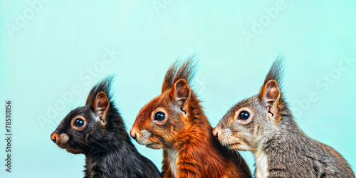 A black, grey and red squirrel standing next to each other, on a pastel blue background