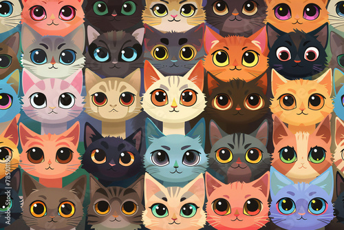 Array of cartoon cats with varied colors and patterns