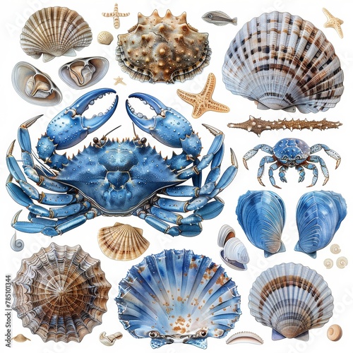A set of watercolor illustrations painted by Ruchinoynaya depicting marine life (blue crab, coral, and mollusks) isolated on white.