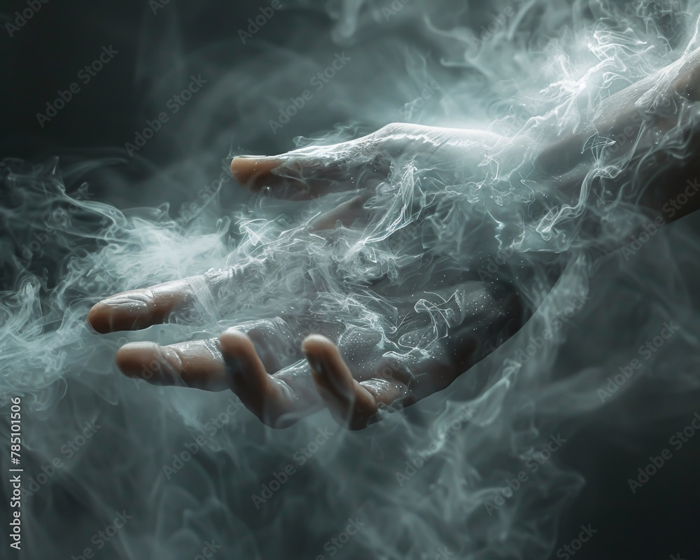 A human hand reaching out, fingertips dissolving into a fractal mist while the palm remains in clear pixel definition
