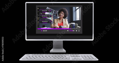 Image of social media screen on computer over african american woman making image blog