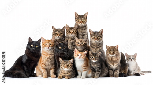 Multiple cats of various colors and sizes are seated closely together, displaying a sense of unity and camaraderie