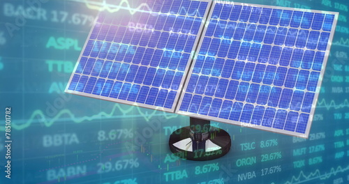 Image of financial data processing over solar panels on blue background