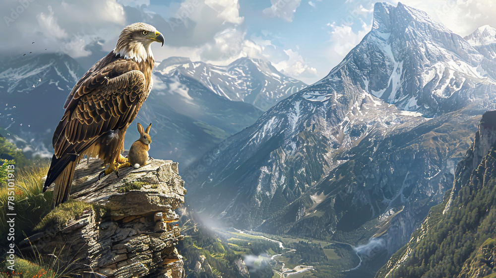Fototapeta premium A majestic eagle gently nuzzling a rabbit, both resting on a cliff edge, overlooking a breathtaking valley
