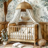 Design a baby cradle with watercolor accessories. Handpainted children's decor.