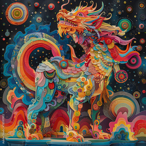 A majestic Chimera, each of its three parts a different spectrum of paper colors, against a backdrop of interlocking psychedelic patterns