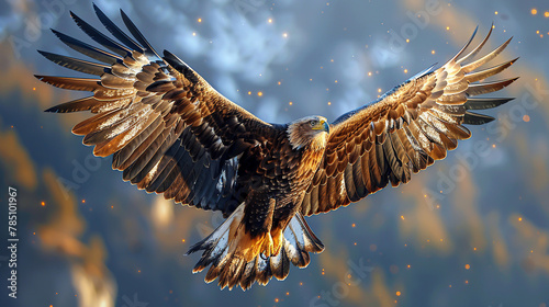 A majestic eagle in flight, its wings a tapestry of pixel art feathers morphing into fractal patterns against a digital sky