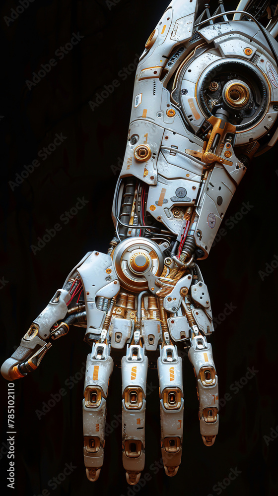 Fototapeta premium A mechanica s muscular arm seamlessly transitioning into a robot arm, fingers shaping into fine tools, merging the artisan with their craft