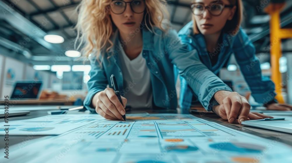 Fototapeta premium Two people working on a strategy in a modern office. Generative AI.