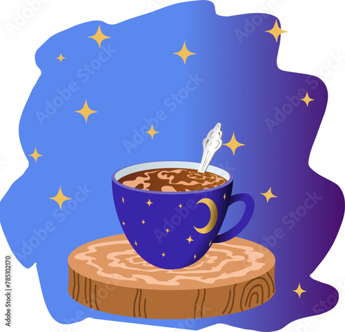 Tea, coffee, hot chocolate in a blue mug with stars and moon. . Vector illustration beautiful mug with drink and spoon on wooden stand. A Night Drink in Your Kitchen photo