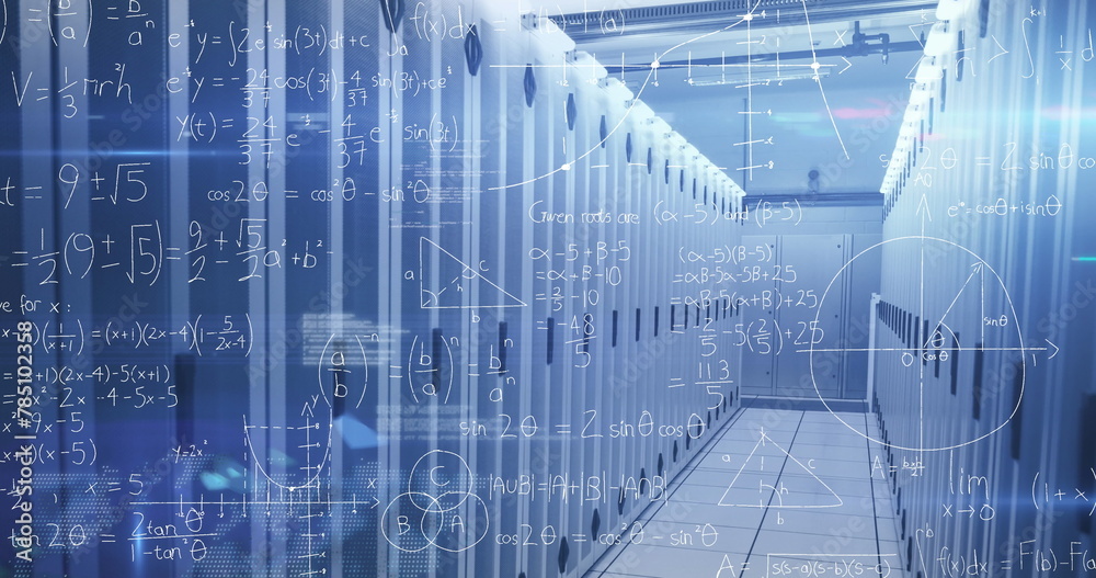 Obraz premium Image of mathematical equations and data processing over server room