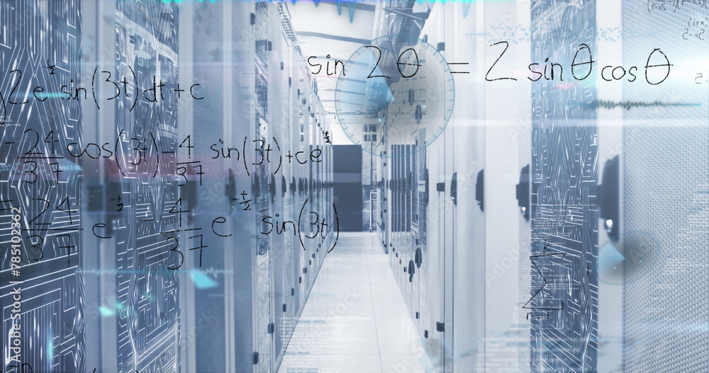 Image of mathematical equations and data processing over server room Image of mathematical equations and data processing over server room