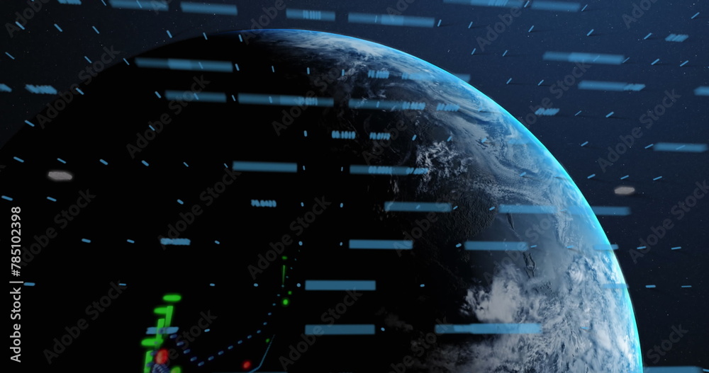 Fototapeta premium Image of statistics and data processing over earth globe on blue background
