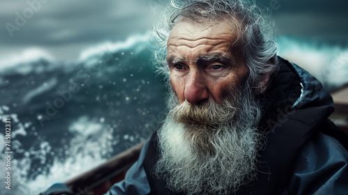 Old bearded fisherman taking on his boat at sea during storm in the ocean, portrait