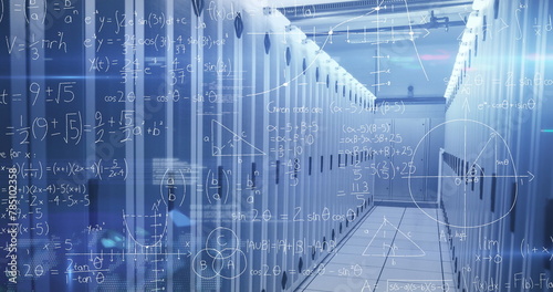 Image of mathematical equations and data processing over server room