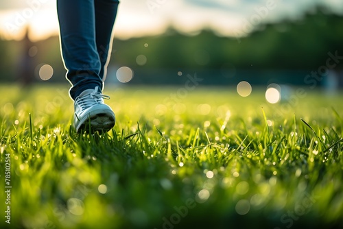 Close-up of woman's legs walking on green grass at sunset