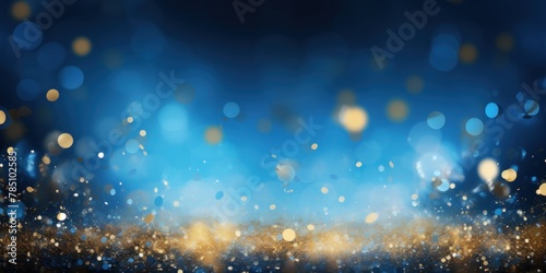 Blue background, football stadium lights with gold confetti decoration, copy space for advertising banner or poster design