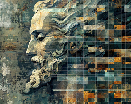 A portrait of a philosopher with a fractal mind, thought patterns branching out in pixelated waves of knowledge photo