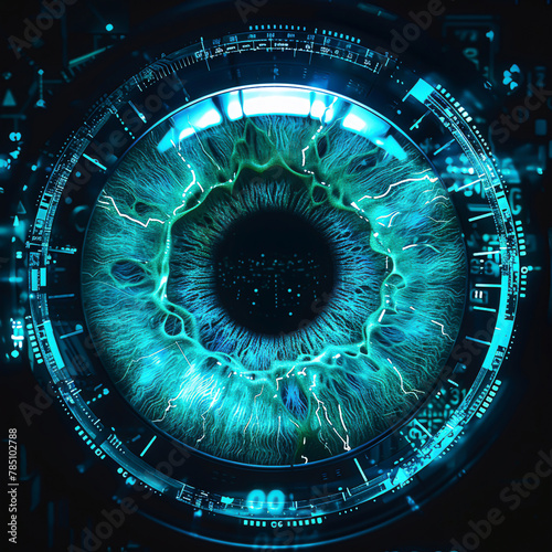A retinal scan pattern in bright turquoise neon, set against a circular electronic viewfinder of a futuristic surveillance system