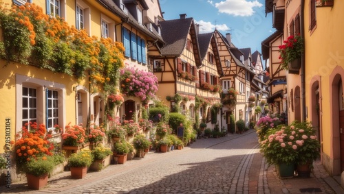 A photo of a narrow street with half-timbered houses on both sides and flowers on the windowsills.

