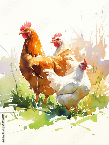 Trio of hens in sunlight watercolor illustration. Brown and white chickens on a farm with a bright natural background. Free-range poultry and country living concept. © NeuroCake