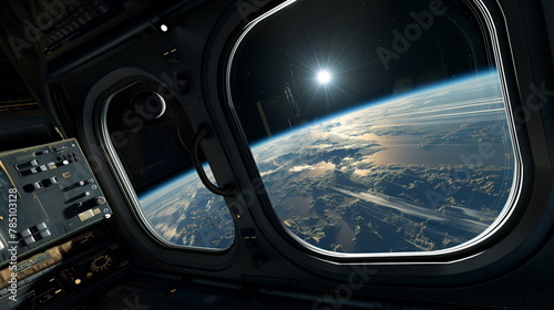 Realistic view of Earth from a space station, showcasing the planets curvature and atmospheric layers