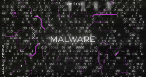 Image of x symbol on malware text with circuit board pattern against binary codes in background