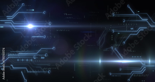 Image of lens flares over illuminated circuit board pattern and binary codes on black background