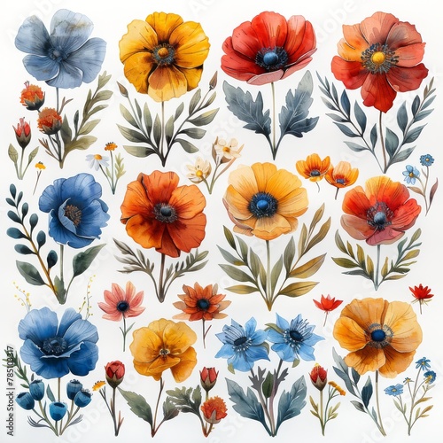 Hand painted watercolor illustrations of flowers and plants on a white background. © Niko