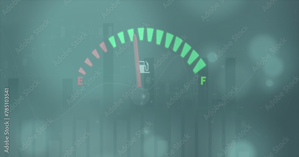 Fototapeta premium Image of speedometer and statistical data processing against spots of light on blue background