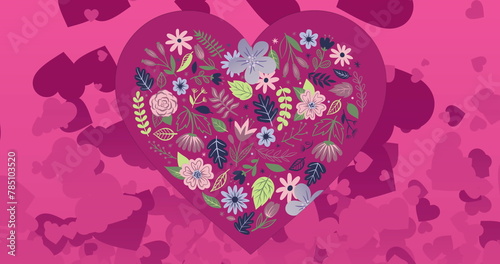 Image of multiple hearts over falling flowers on pink background