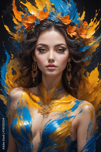 Beautiful woman adorned in vibrant body paint, her curves accentuated by the bold strokes of color.
