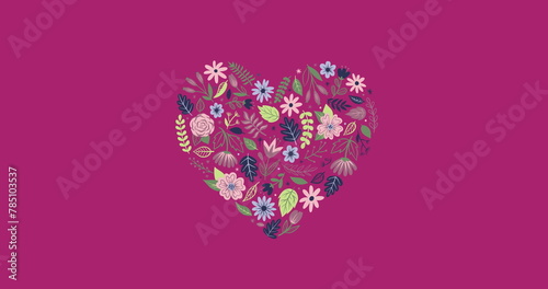 Image of multiple hearts of flowers over falling flowers on pink background