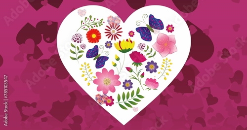 Image of multiple hearts over heart with flowers on pink background