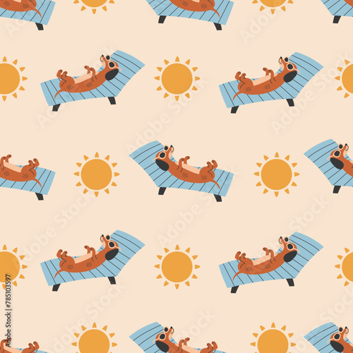 Dachshund dog sunbathing seamless pattern. Funny cartoon puppy in sunglasses lies and rests on a sun lounger on summer beach. Vacation pet background. Vector illustration