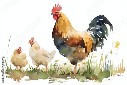 Rooster and chicks watercolor illustration. Proud rooster with baby chickens  isolated on white background. Farmyard animals and poultry farming concept. © NeuroCake