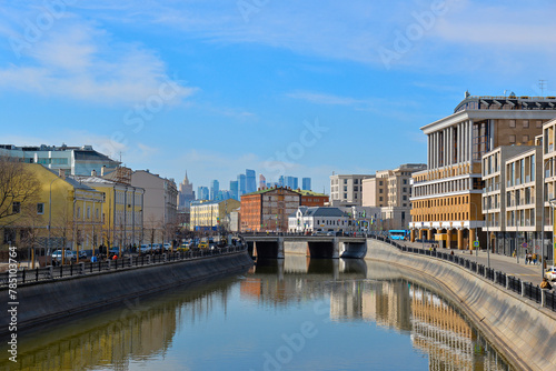 Moscow, Russia. Vodootvodny Canal embankments and Moscow City skyscrapers.