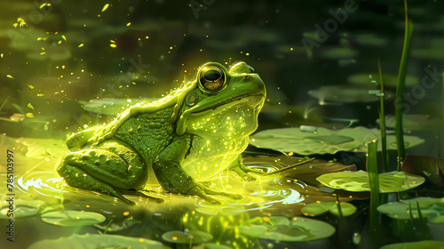 An undead frog with a seethrough, radiant lime green body sitting on a lilypad, surrounded by a swamp that glows with an ethereal mist © Lalida